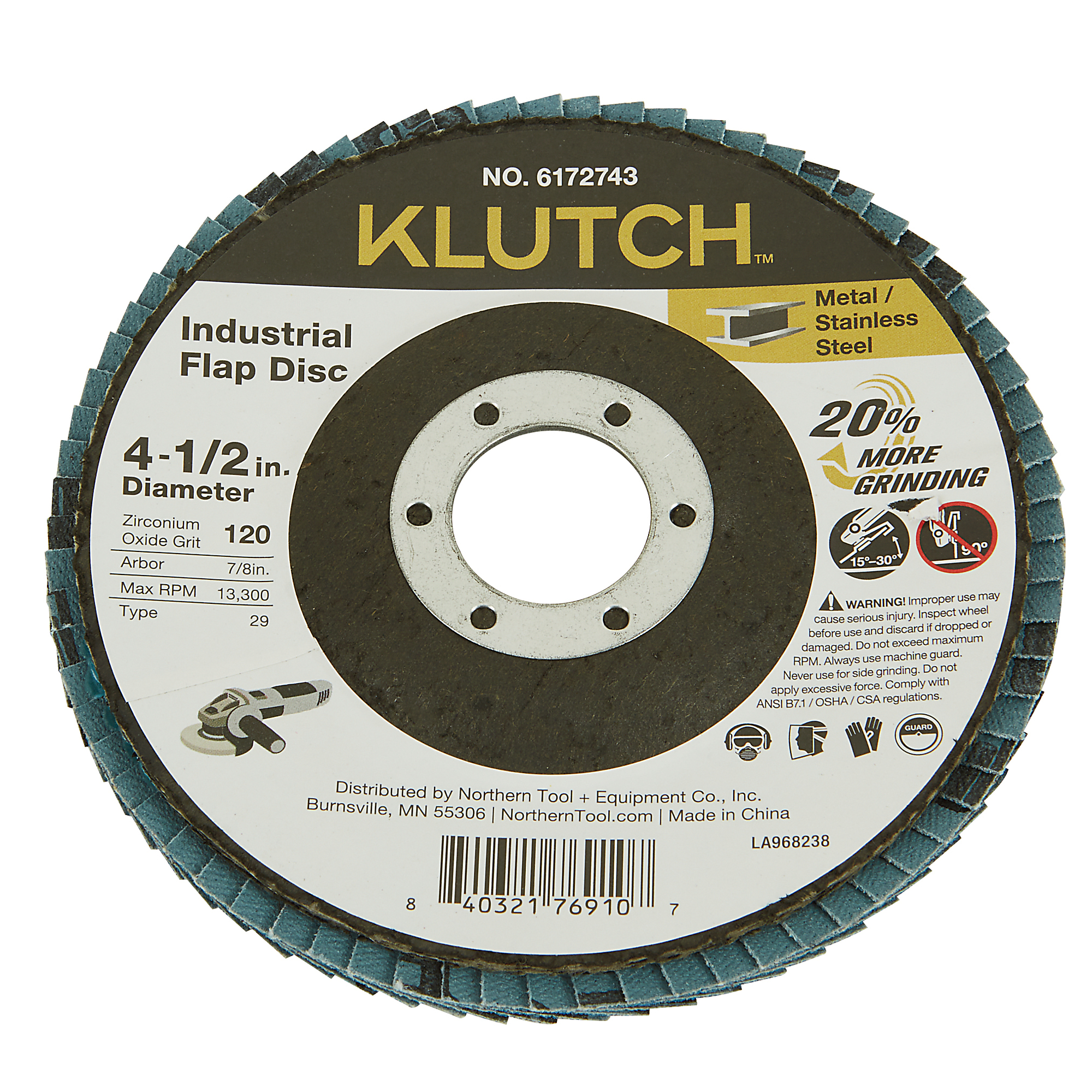Klutch Industrial Metal Flap Disc, 4-1/2in. x 7/8in., 120 Grit, Type 29